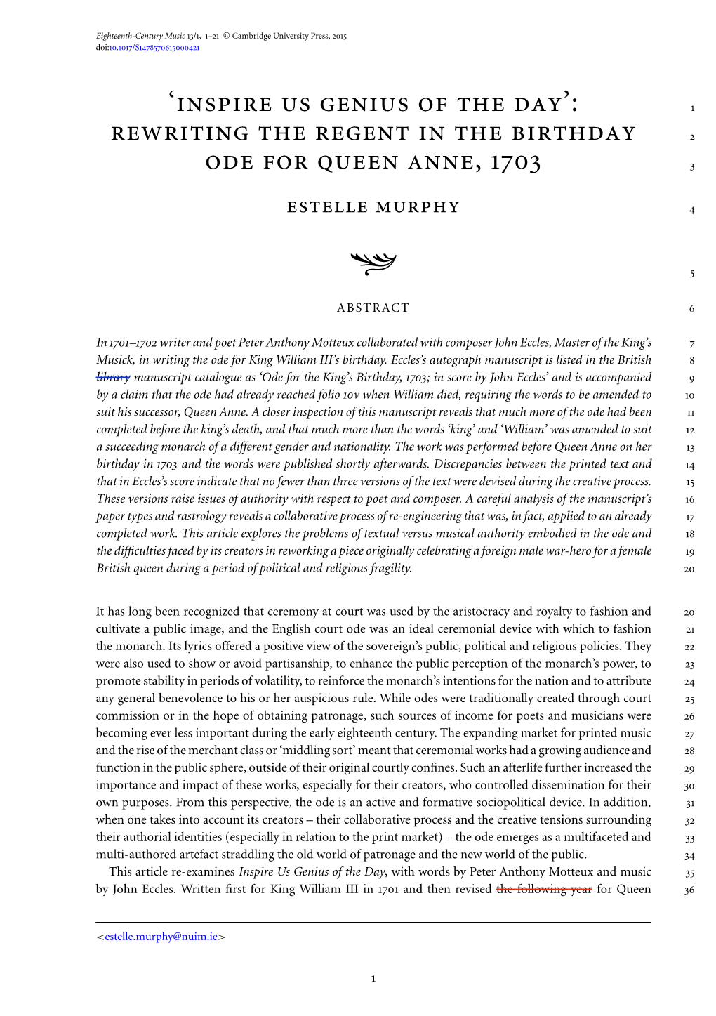 'Inspire Us Genius of the Day': Rewriting the Regent in the Birthday Ode for Queen Anne, 1703