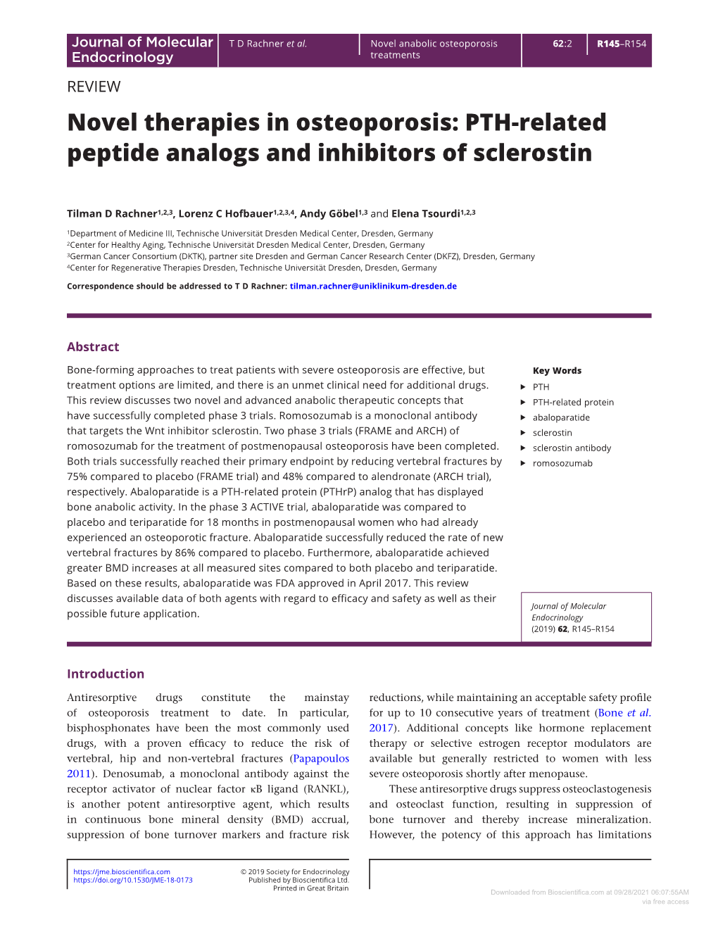 Novel Therapies in Osteoporosis: PTH-Related Peptide Analogs and Inhibitors of Sclerostin