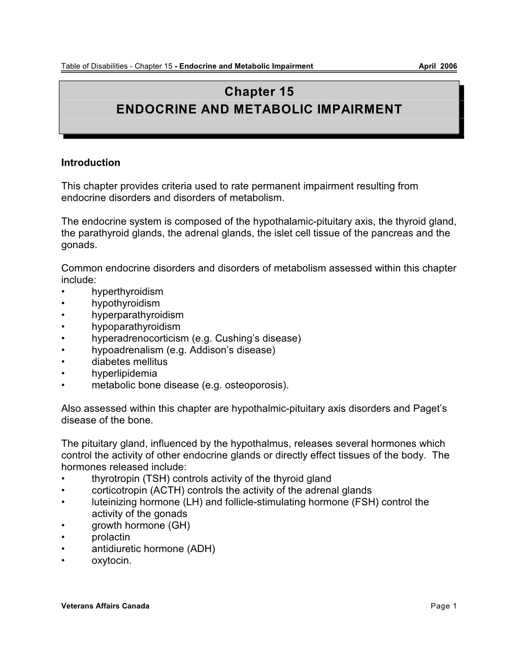 Chapter 15 ENDOCRINE and METABOLIC IMPAIRMENT