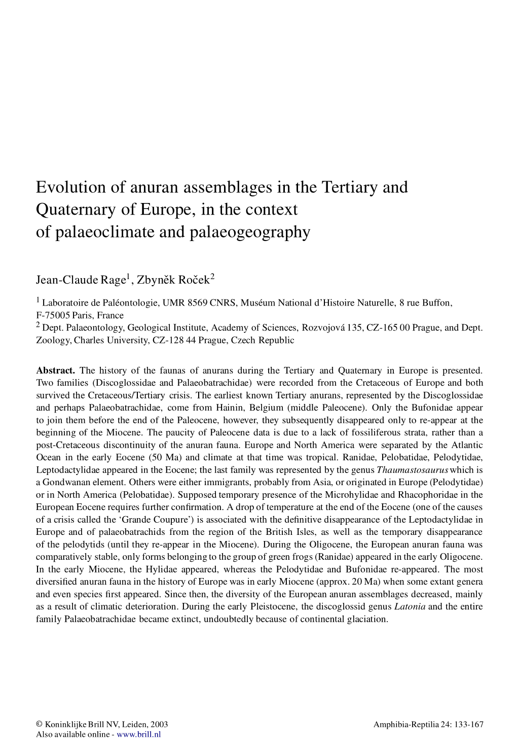 Evolution of Anuran Assemblages in the Tertiary and Quaternary Of