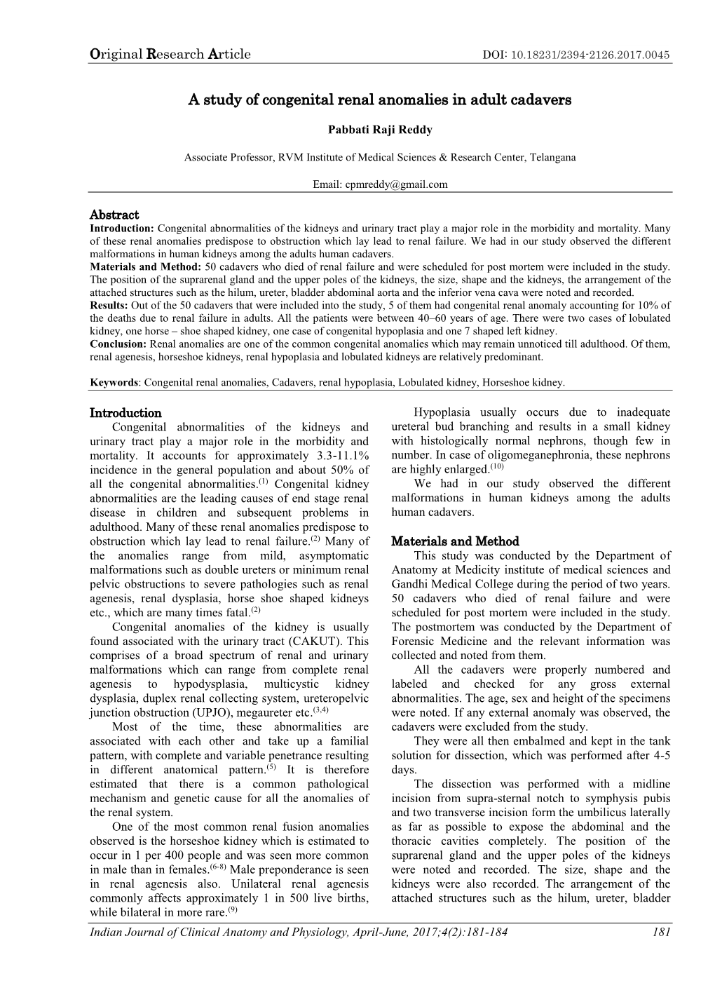 A Study of Congenital Renal Anomalies in Adult Cadavers