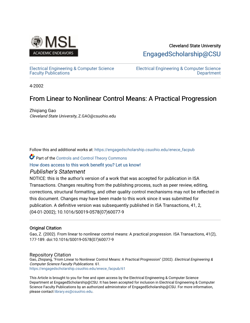 From Linear to Nonlinear Control Means: a Practical Progression