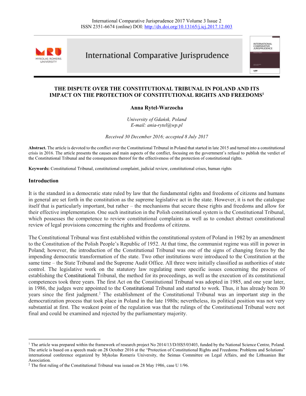 The Dispute Over the Constitutional Tribunal in Poland and Its Impact on the Protection of Constitutional Rights and Freedoms1