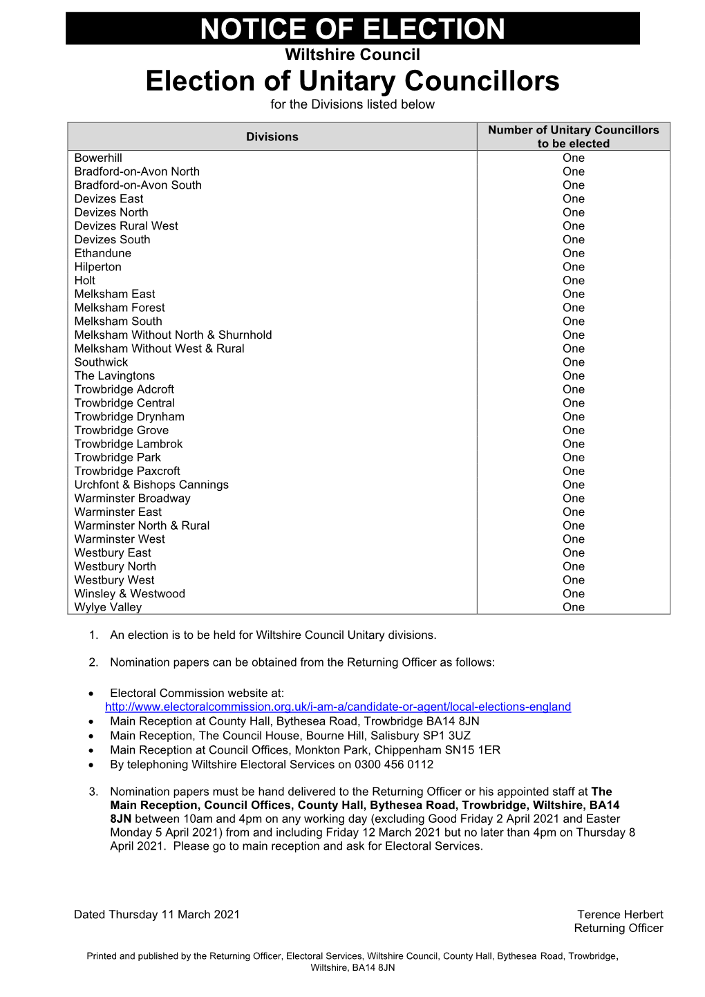 NOTICE of ELECTION Election of Unitary Councillors