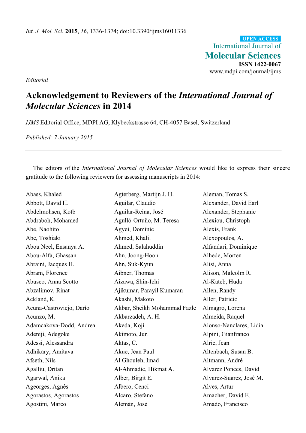 Acknowledgement to Reviewers of International Journal of Molecular