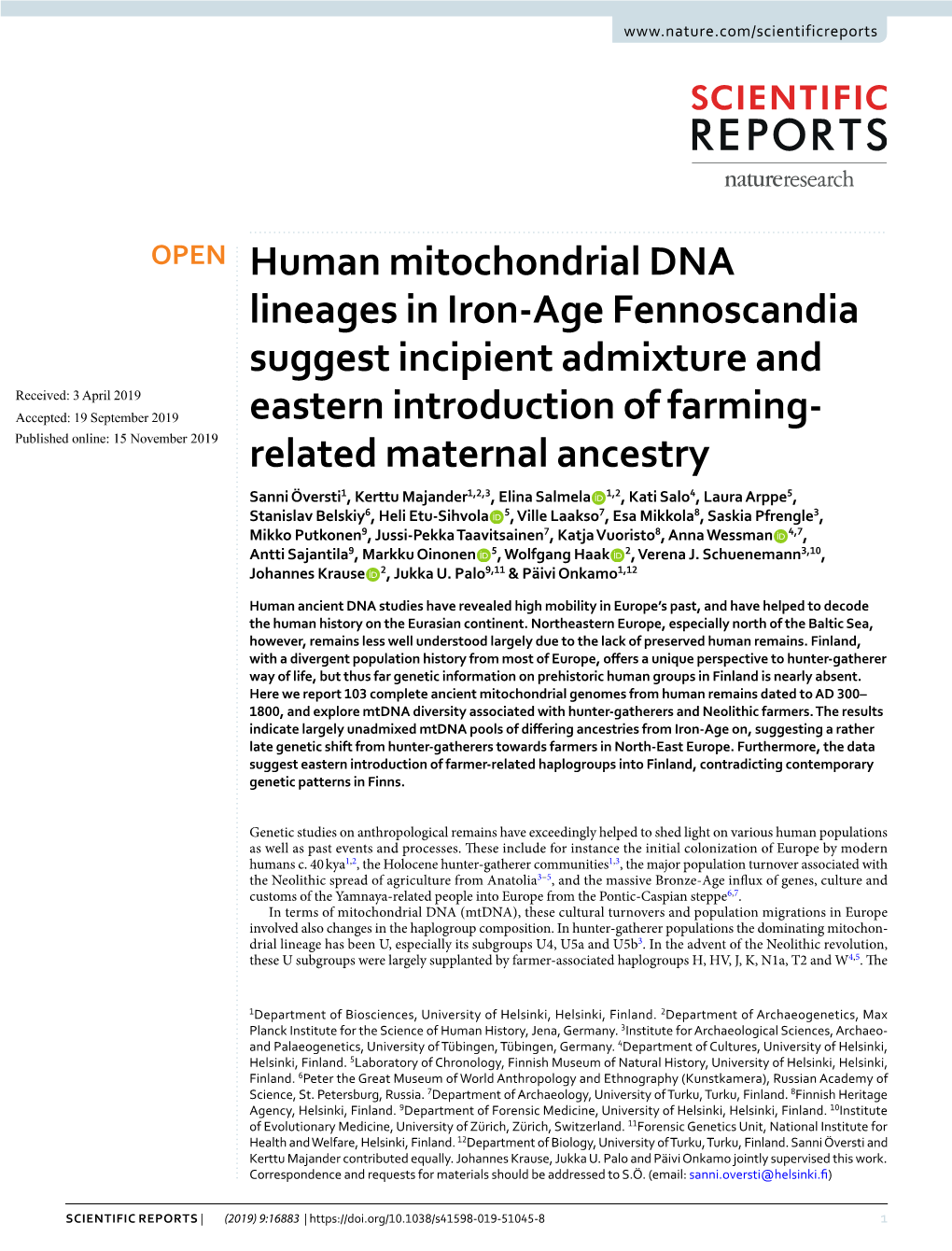 Human Mitochondrial DNA Lineages in Iron-Age Fennoscandia Suggest