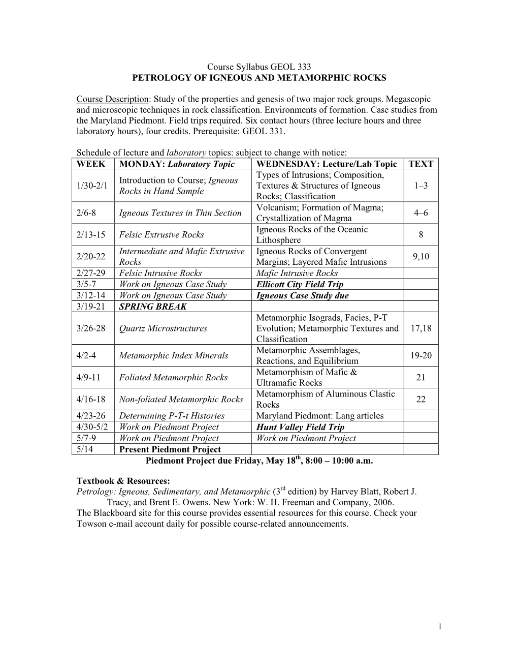 Syllabus: Petrology of Igneous and Metmorphic