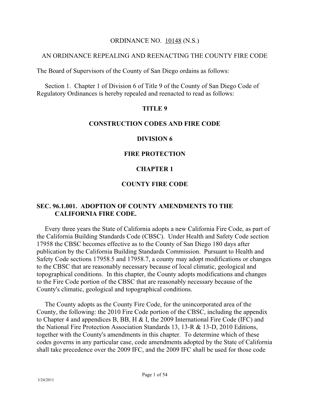 An Ordinance Repealing and Reenacting the County Fire Code