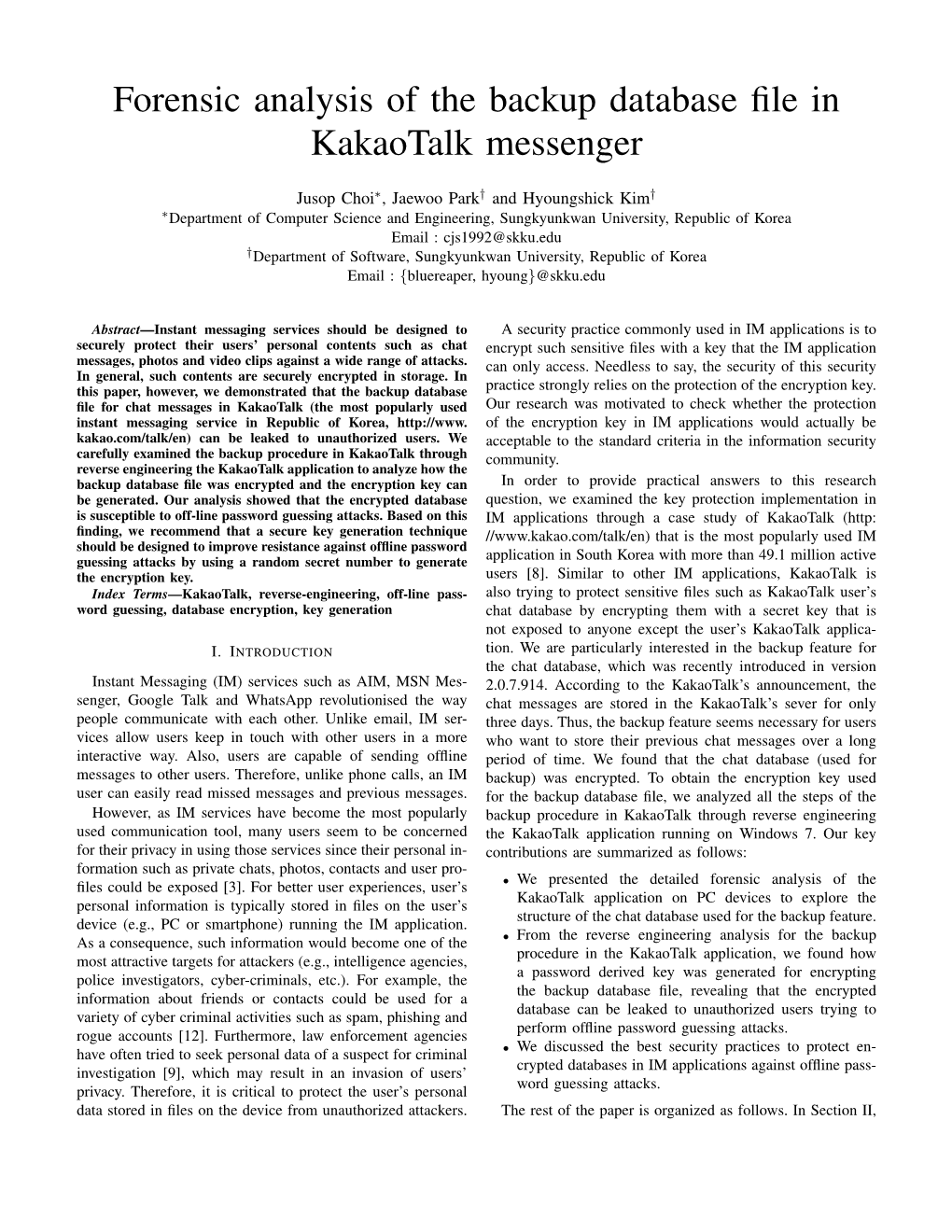 Forensic Analysis of the Backup Database File in Kakaotalk Messenger