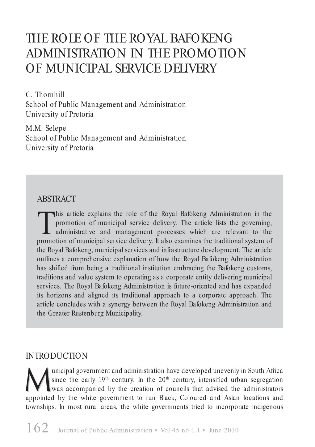 The Role of the Royal Bafokeng Administration in the Promotion of Municipal Service Delivery