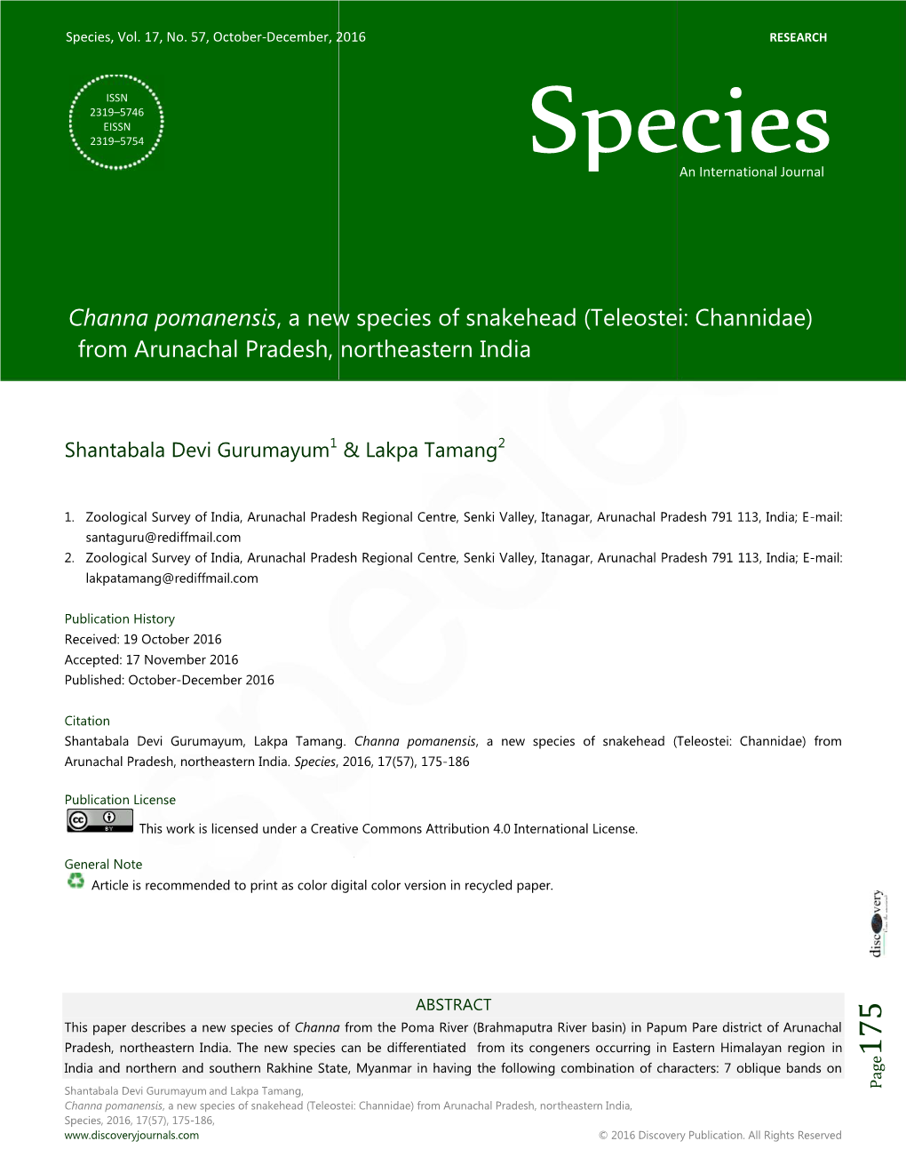 Channa Pomanensis, a New Species of Snakehead (Teleostei: Channidae) from Arunachal Pradesh, Northeastern India