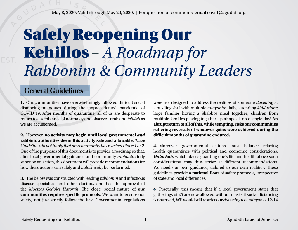 Safely Reopening Our Kehillos – a Roadmap for Rabbonim & Community Leaders