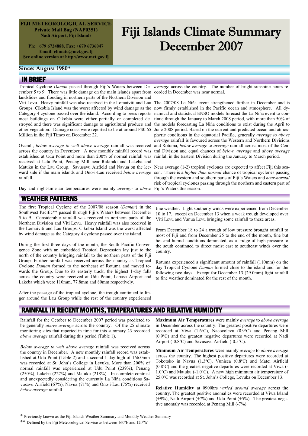 Fiji Islands Climate Summary December 2007