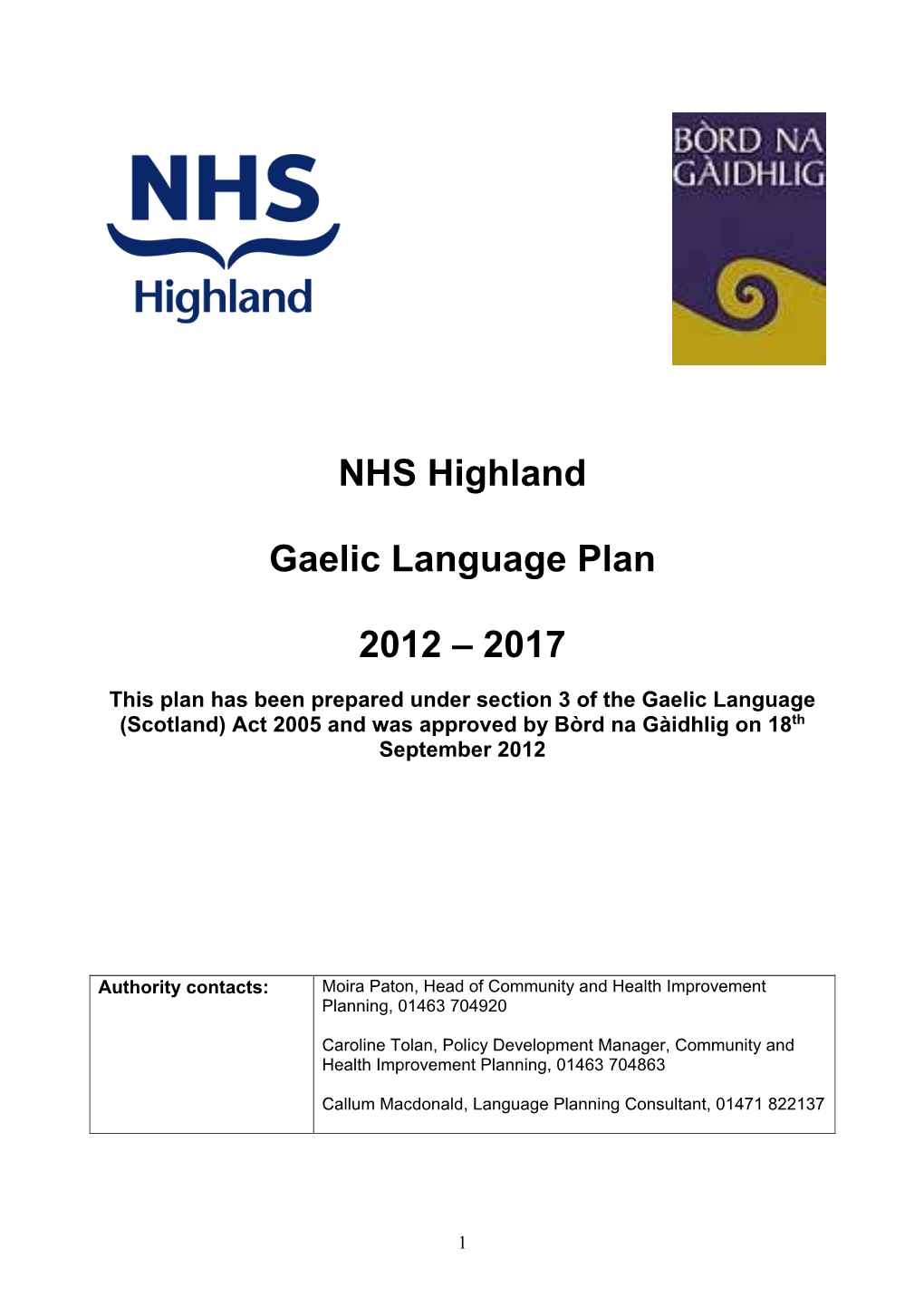 NHS Highland Gaelic Language Plan 2012