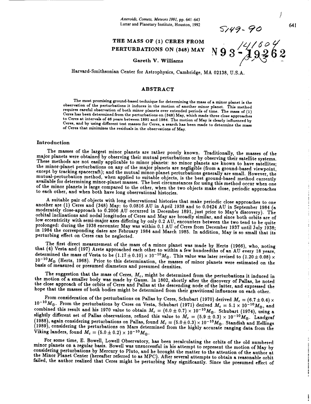 Asteroids, Comets, Meteors 1991, Pp. 641-643 Lunar and Planetary Institute, Houston, 1992 W/Eg- 641