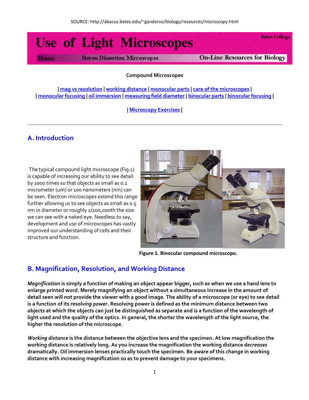 A. Introduction B. Magnification, Resolution, and Working Distance