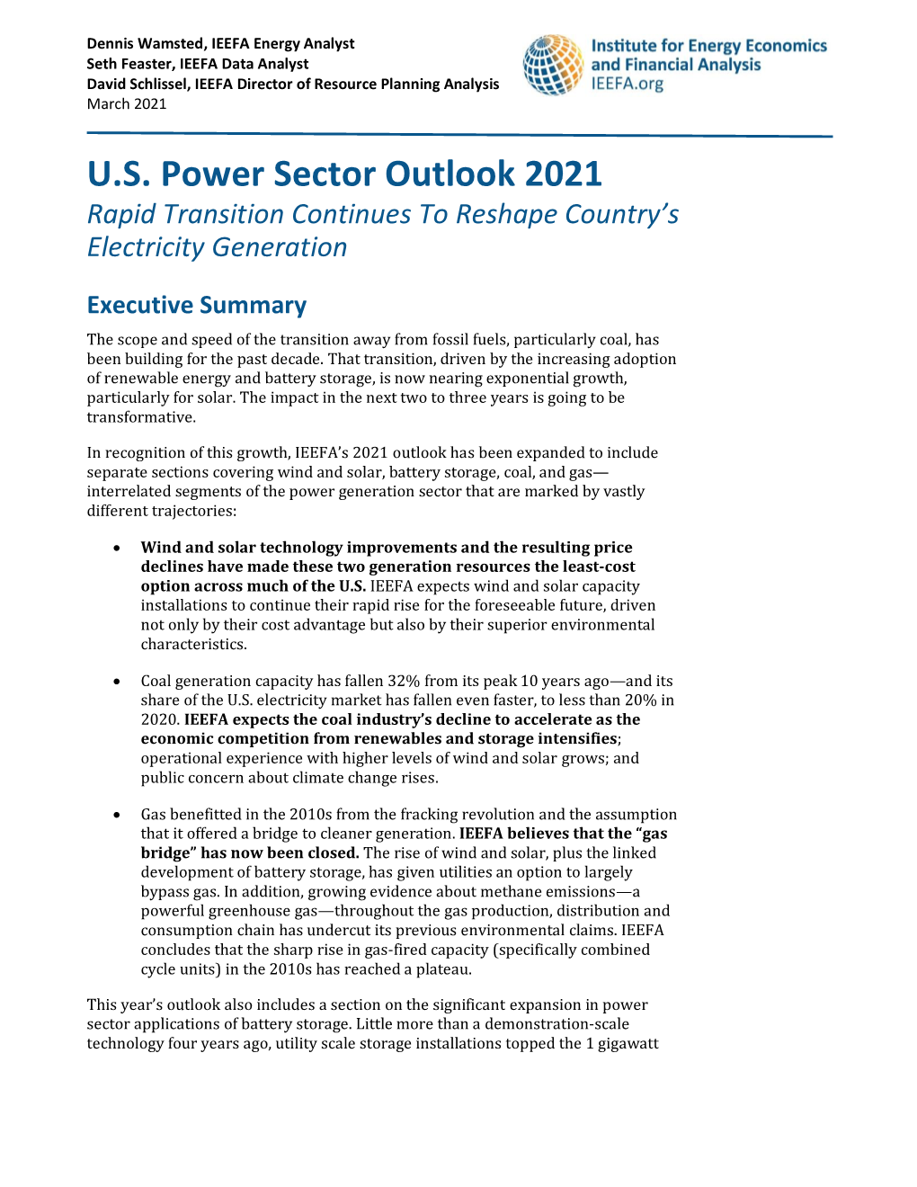 U.S. Power Sector Outlook 2021 Rapid Transition Continues to Reshape Country’S Electricity Generation