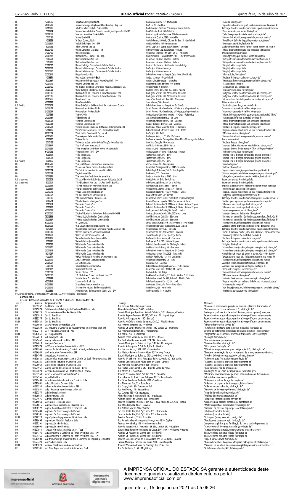 A IMPRENSA OFICIAL DO ESTADO SA Garante a Autenticidade Deste