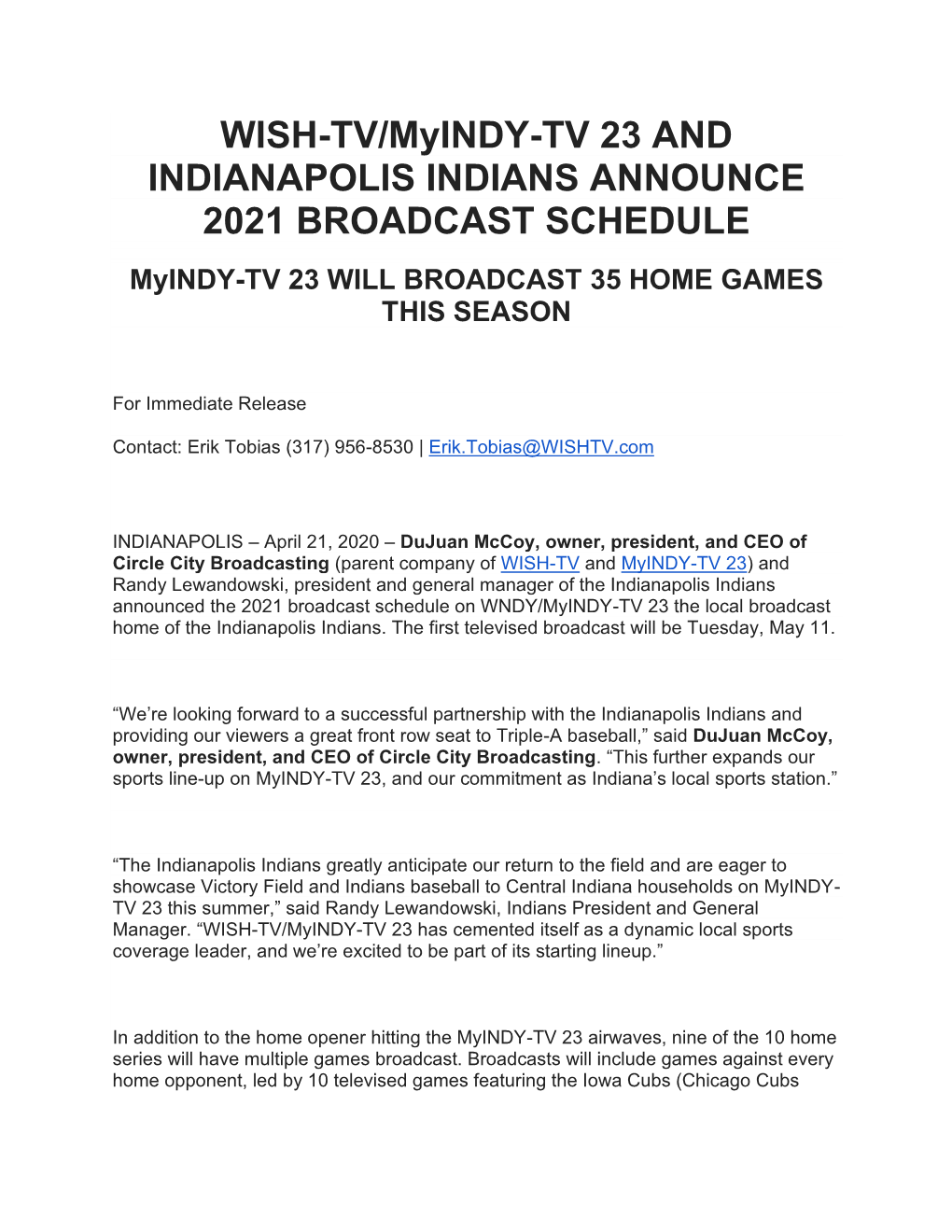 WISH-TV/Myindy-TV 23 and INDIANAPOLIS INDIANS ANNOUNCE 2021 BROADCAST SCHEDULE