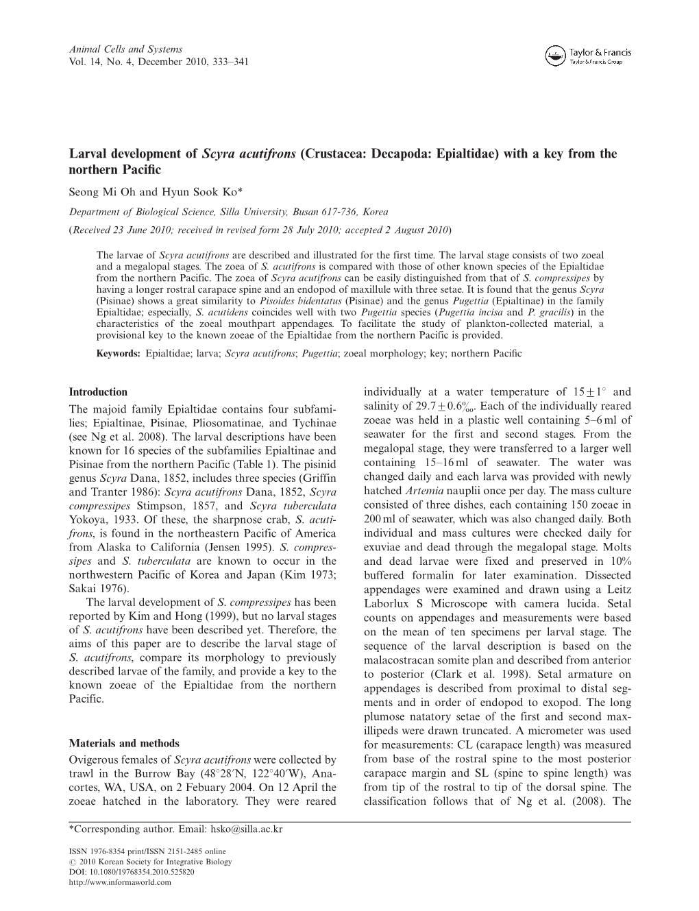 Larval Development of Scyra Acutifrons (Crustacea: Decapoda: Epialtidae)