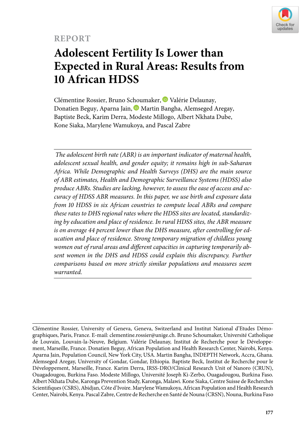 Adolescent Fertility Is Lower Than Expected in Rural Areas: Results from  African HDSS