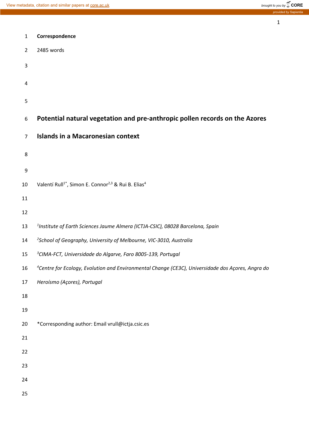 Potential Natural Vegetation and Pre-Anthropic Pollen Records on the Azores