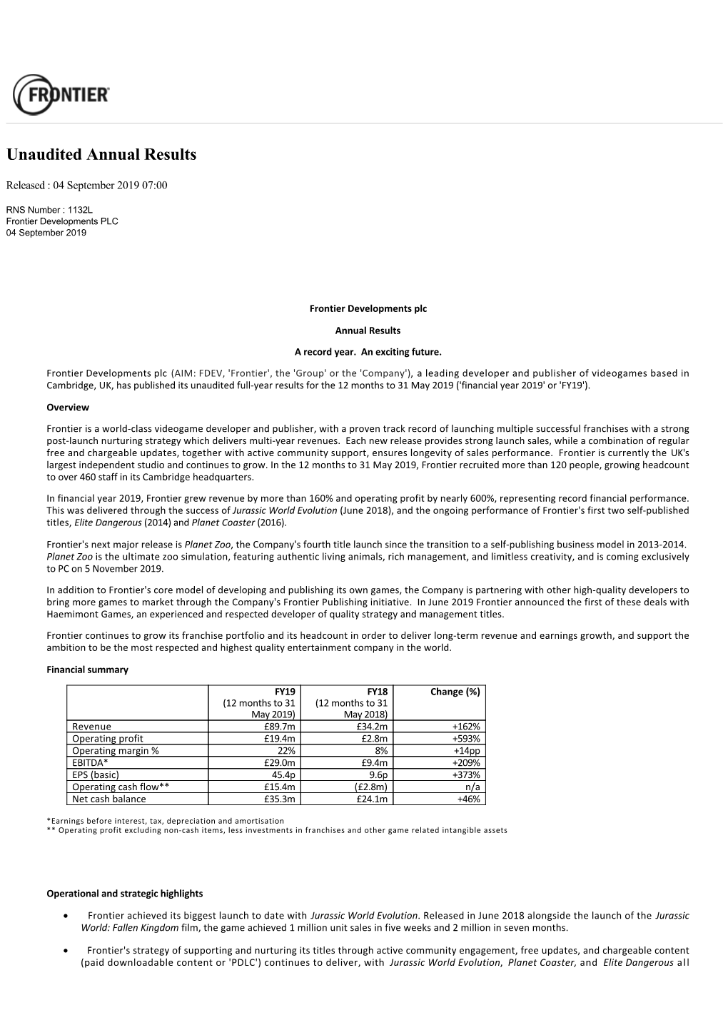 Unaudited Annual Results