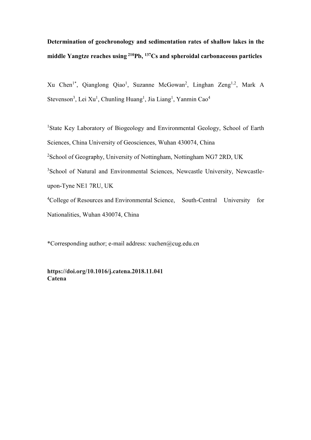 Determination of Geochronology and Sedimentation Rates of Shallow Lakes in the Middle Yangtze Reaches Using 210Pb, 137Cs and Spheroidal Carbonaceous Particles