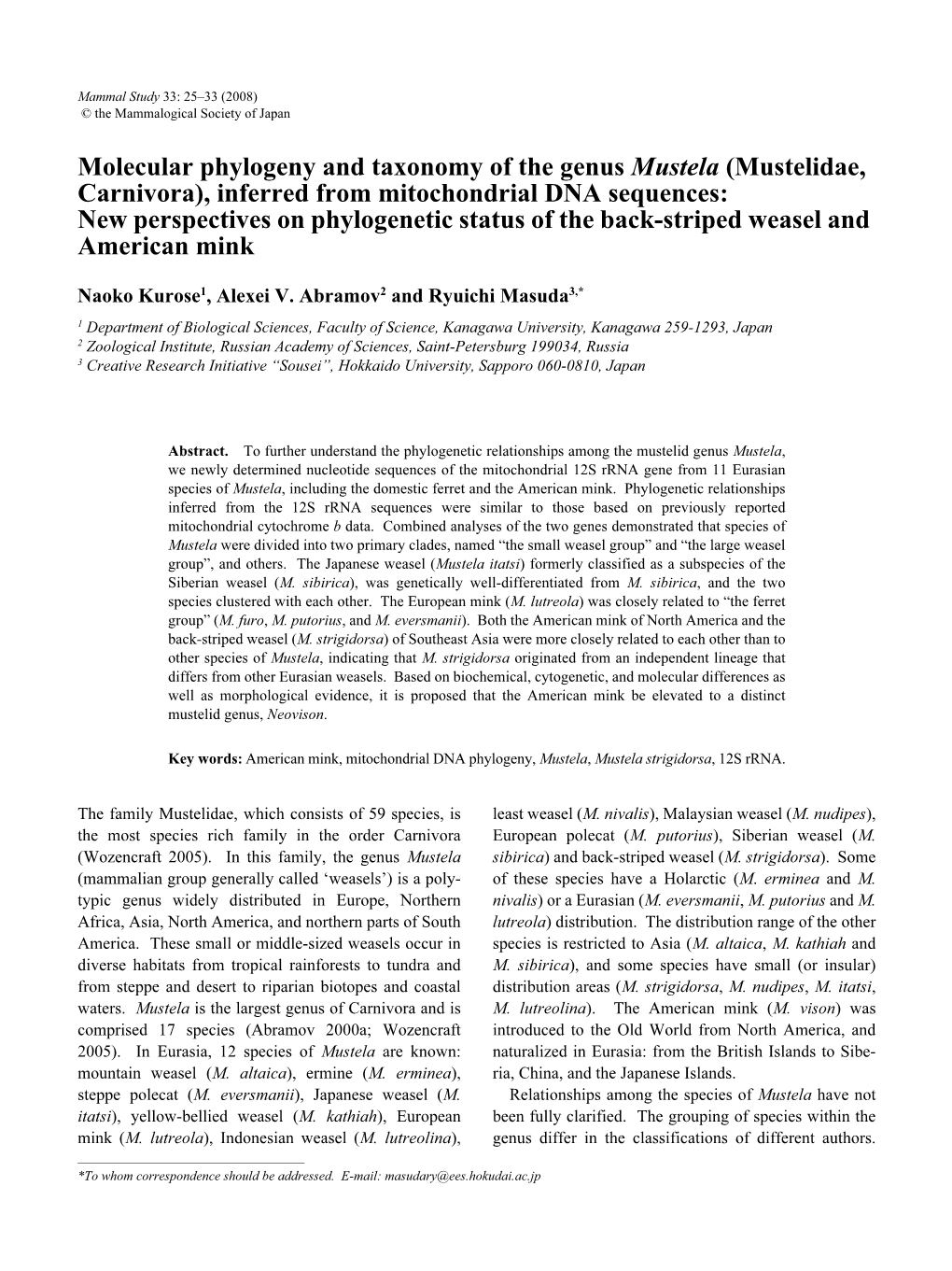 Molecular Phylogeny and Taxonomy of the Genus Mustela