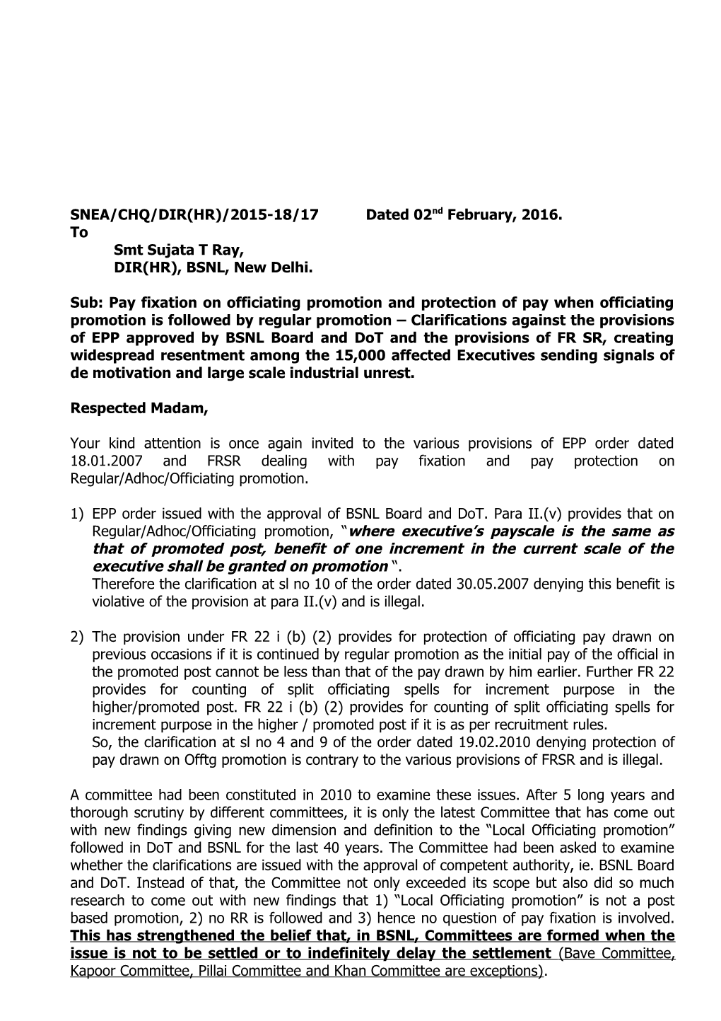 SNEA/CHQ/DIR(HR)/2015-18/17 Dated 02Nd February, 2016