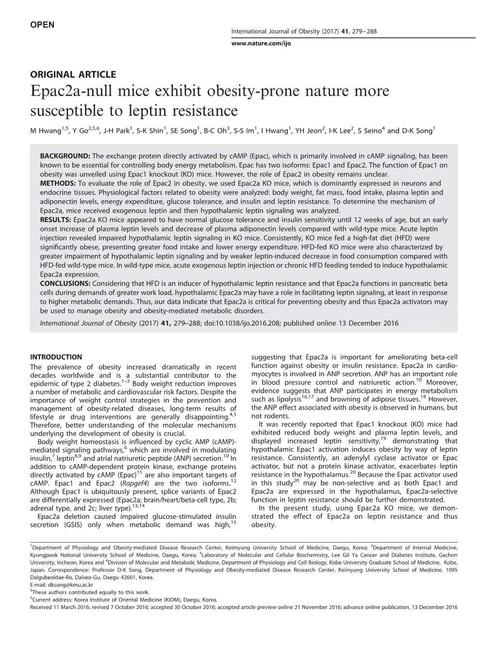 Epac2a-Null Mice Exhibit Obesity-Prone Nature More Susceptible to Leptin Resistance