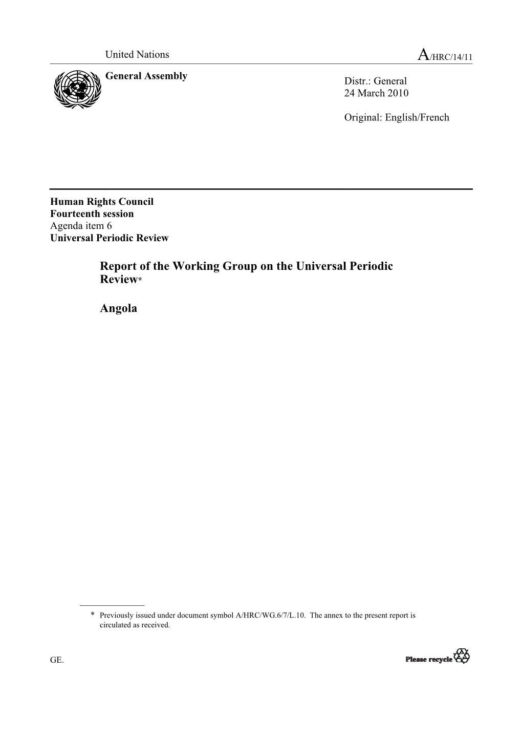 Report of the Working Group on the Universal Periodic Review* Angola