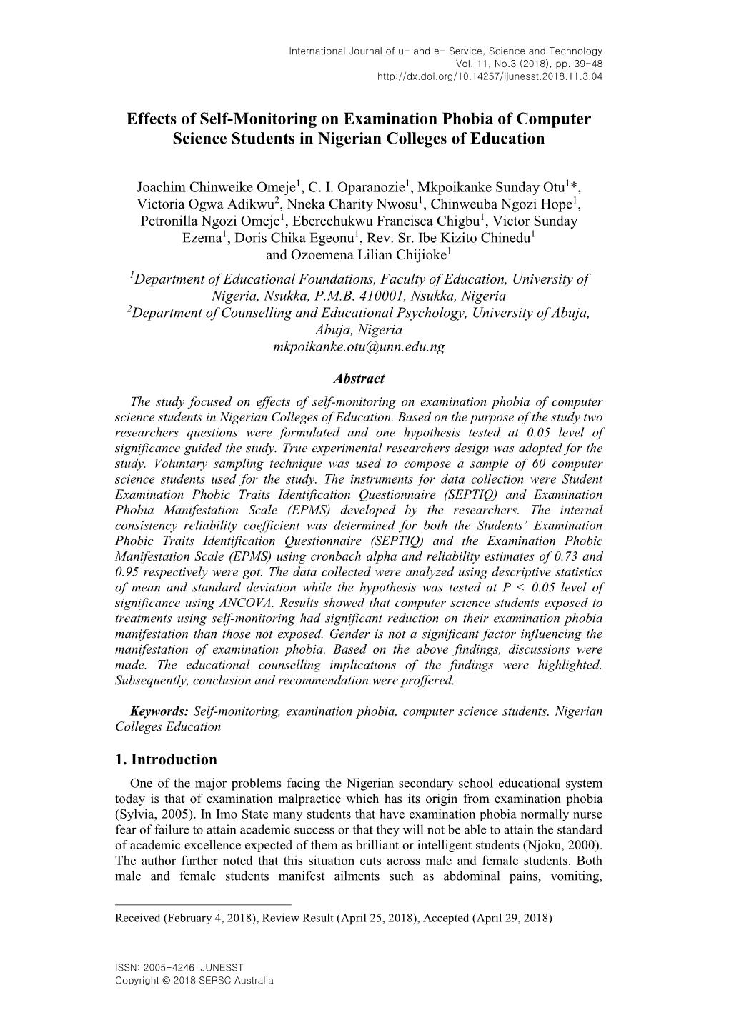 Effects of Self-Monitoring on Examination Phobia of Computer Science Students in Nigerian Colleges of Education 1