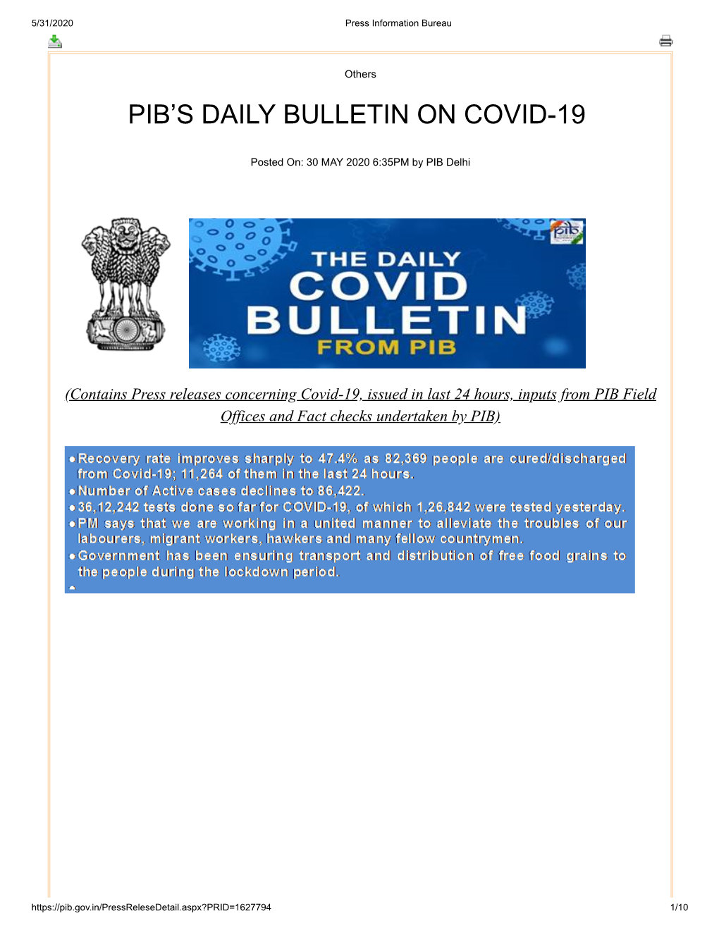 Pib's Daily Bulletin on Covid-19