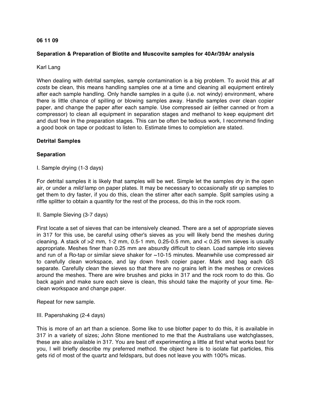 06 11 09 Separation & Preparation of Biotite and Muscovite Samples For