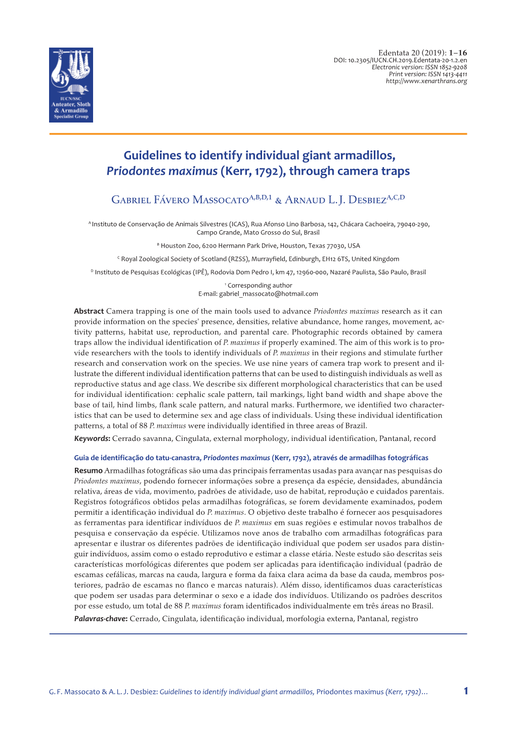 Guidelines to Identify Individual Giant Armadillos, Priodontes Maximus (Kerr, 1792), Through Camera Traps