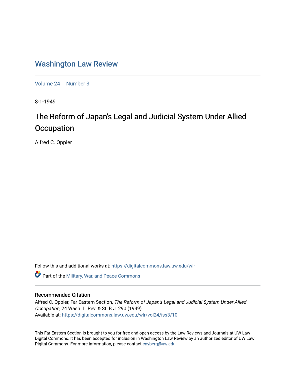 The Reform of Japan's Legal and Judicial System Under Allied Occupation