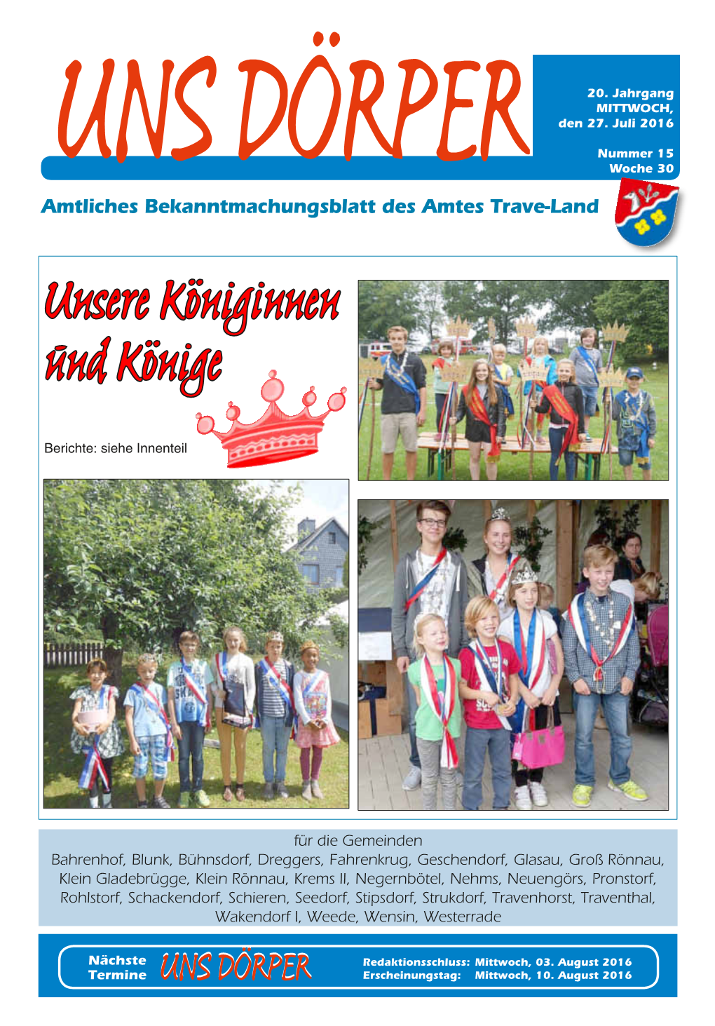 UNS DÖRPER Woche 30 Amtliches Bekanntmachungsblatt Des Amtes Trave-Land