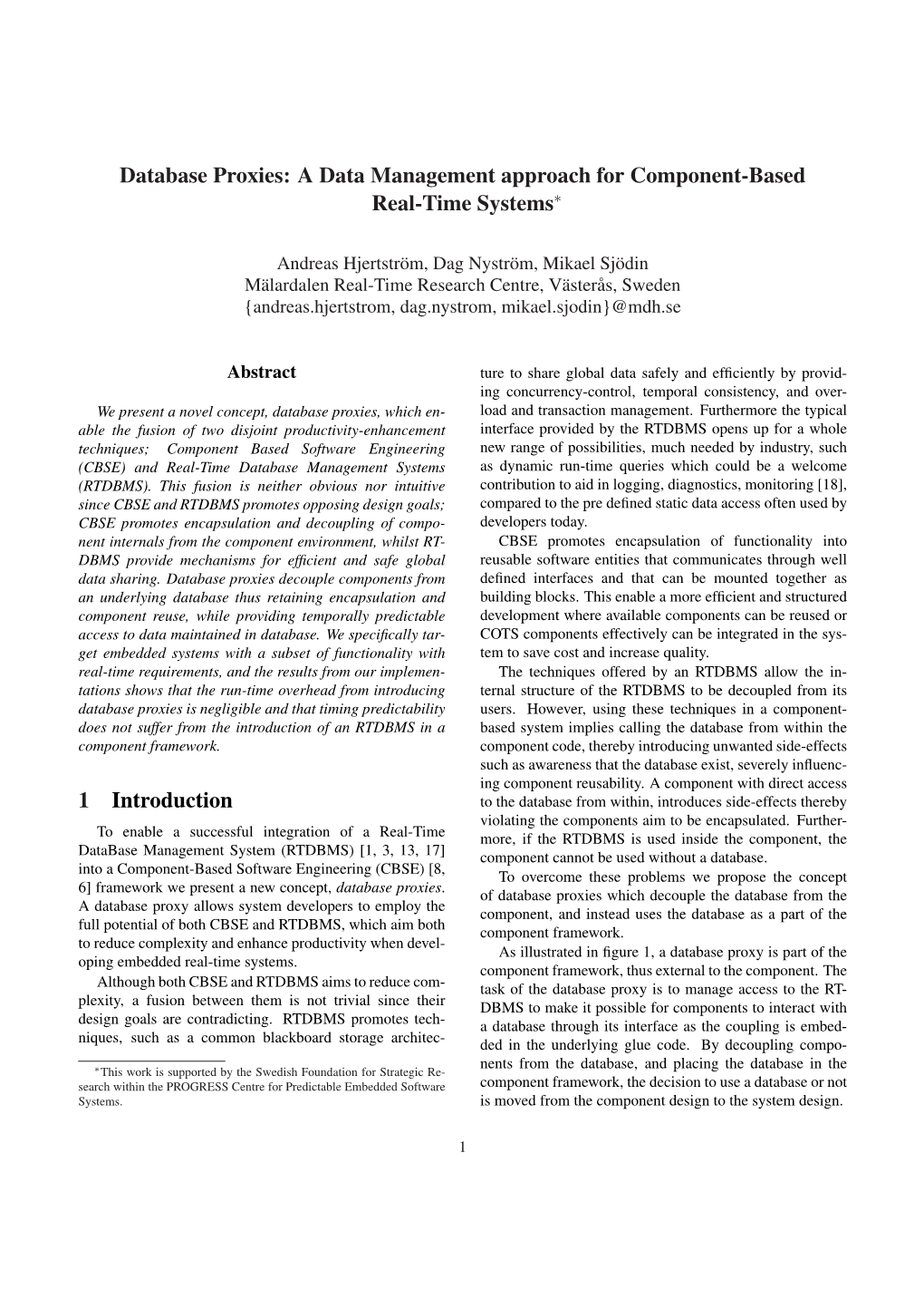 Database Proxies: a Data Management Approach for Component-Based Real-Time Systems∗