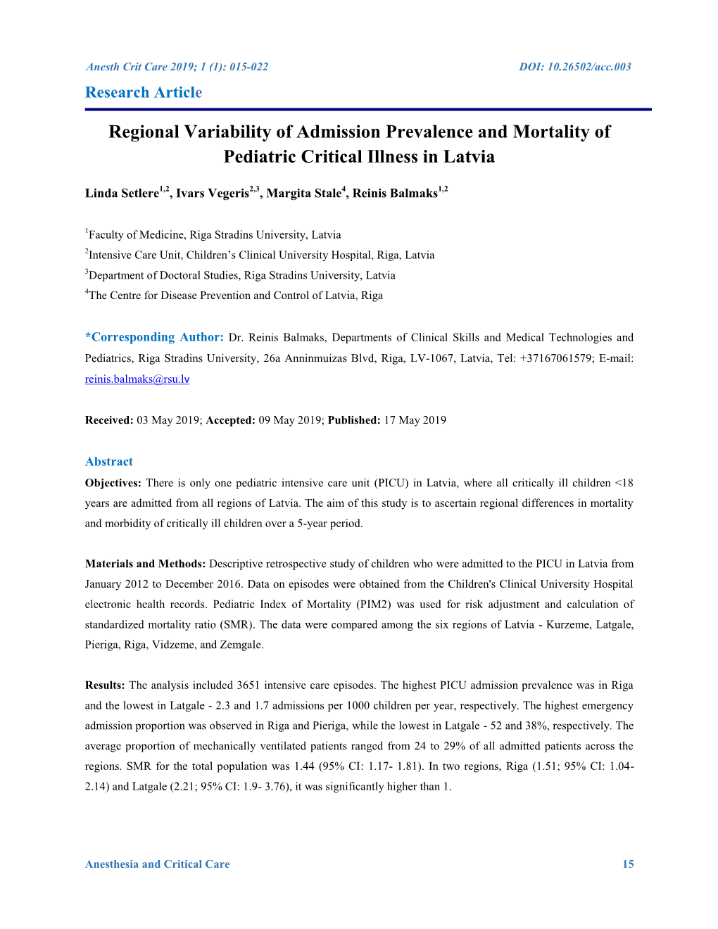 Regional Variability of Admission Prevalence and Mortality of Pediatric Critical Illness in Latvia