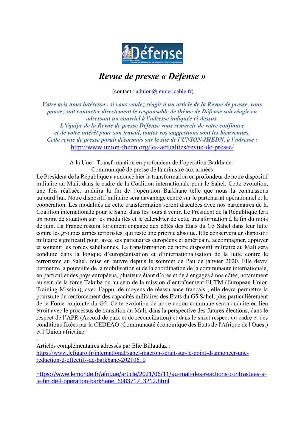 Revue De Presse « Défense »