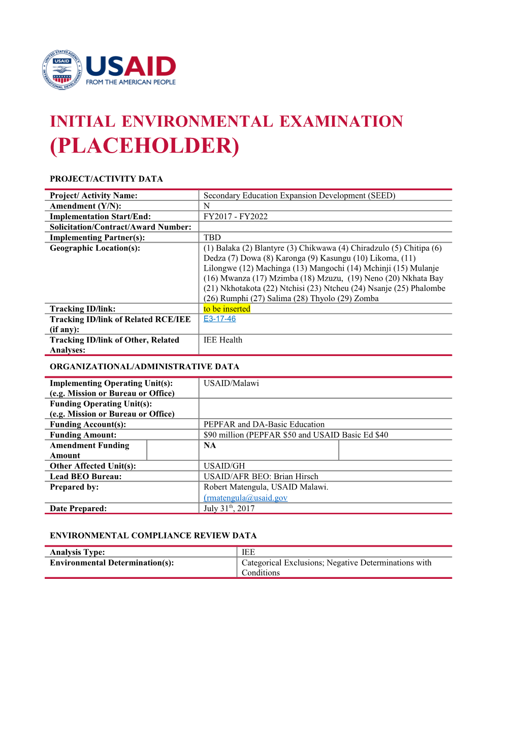 Initial Environmental Examination (PLACEHOLDER)