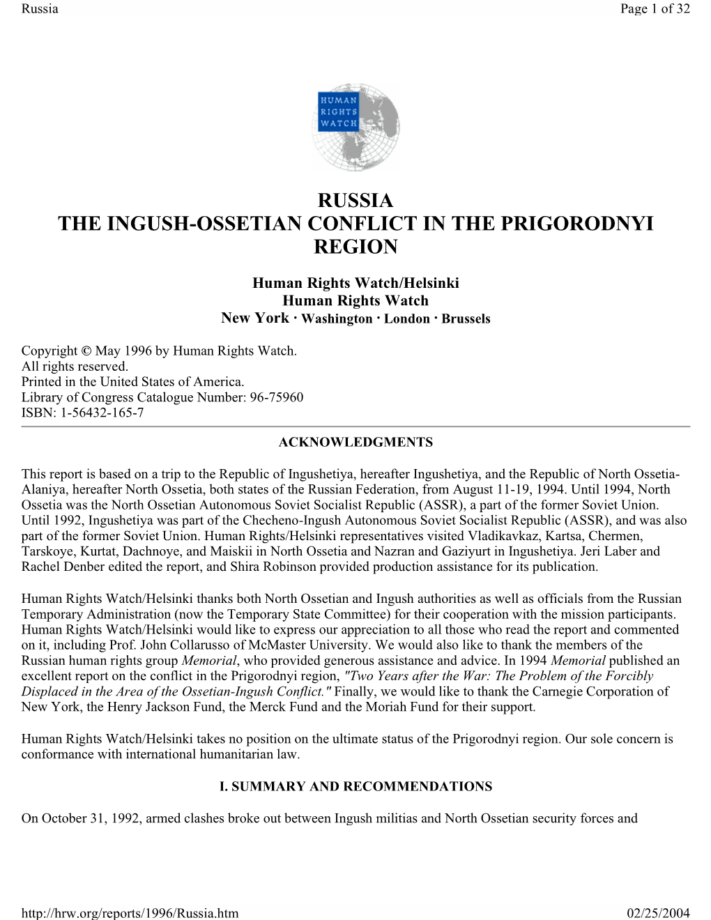 Russia the Ingush-Ossetian Conflict in the Prigorodnyi Region