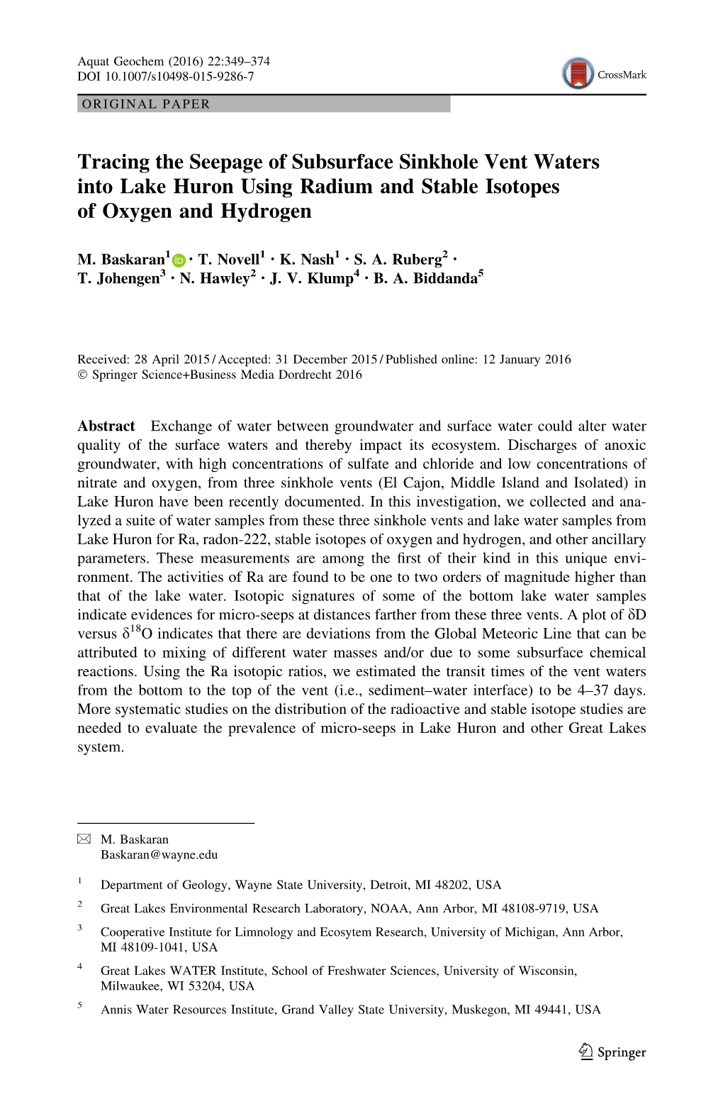 Tracing the Seepage of Subsurface Sinkhole Vent Waters Into Lake Huron Using Radium and Stable Isotopes of Oxygen and Hydrogen