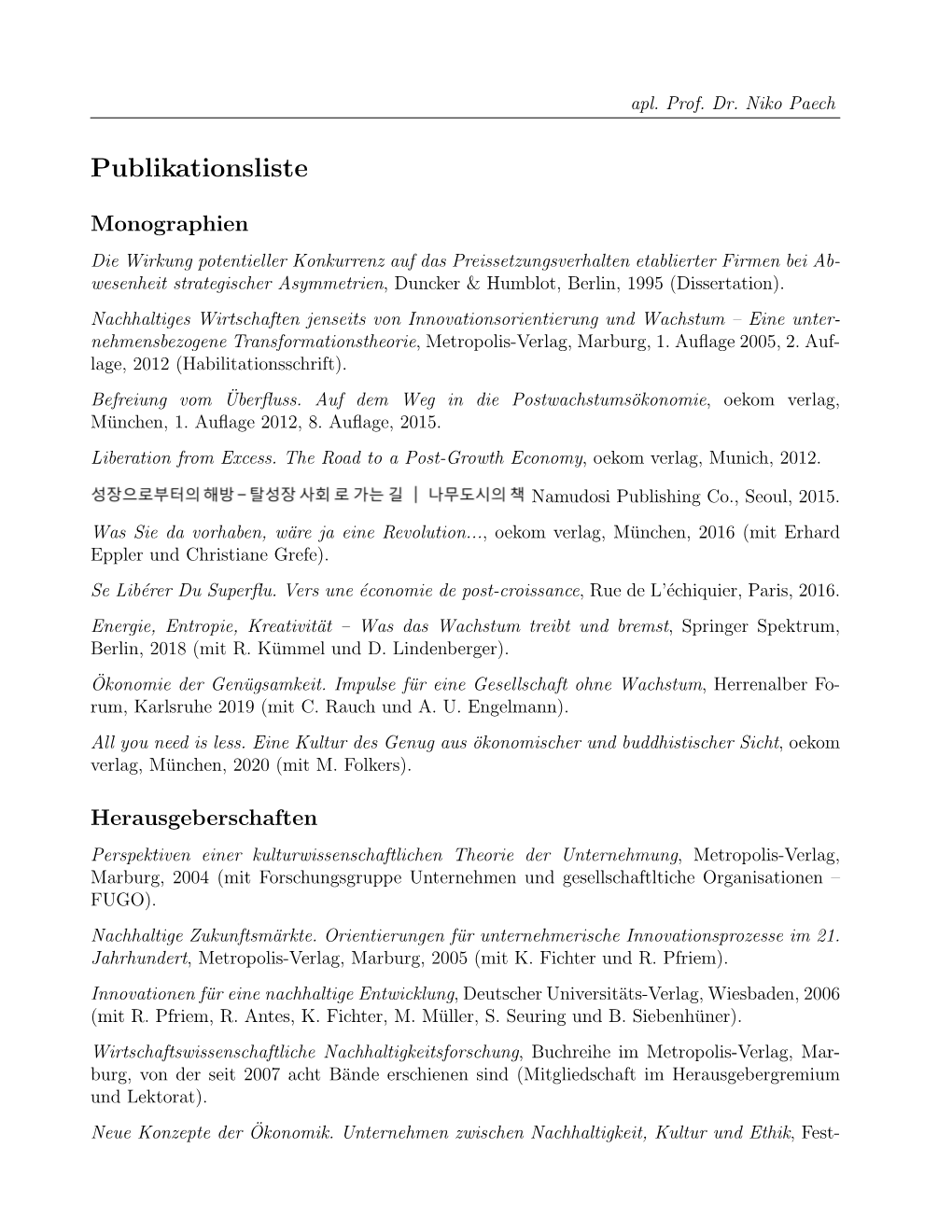 Publikationsliste Von Niko Paech