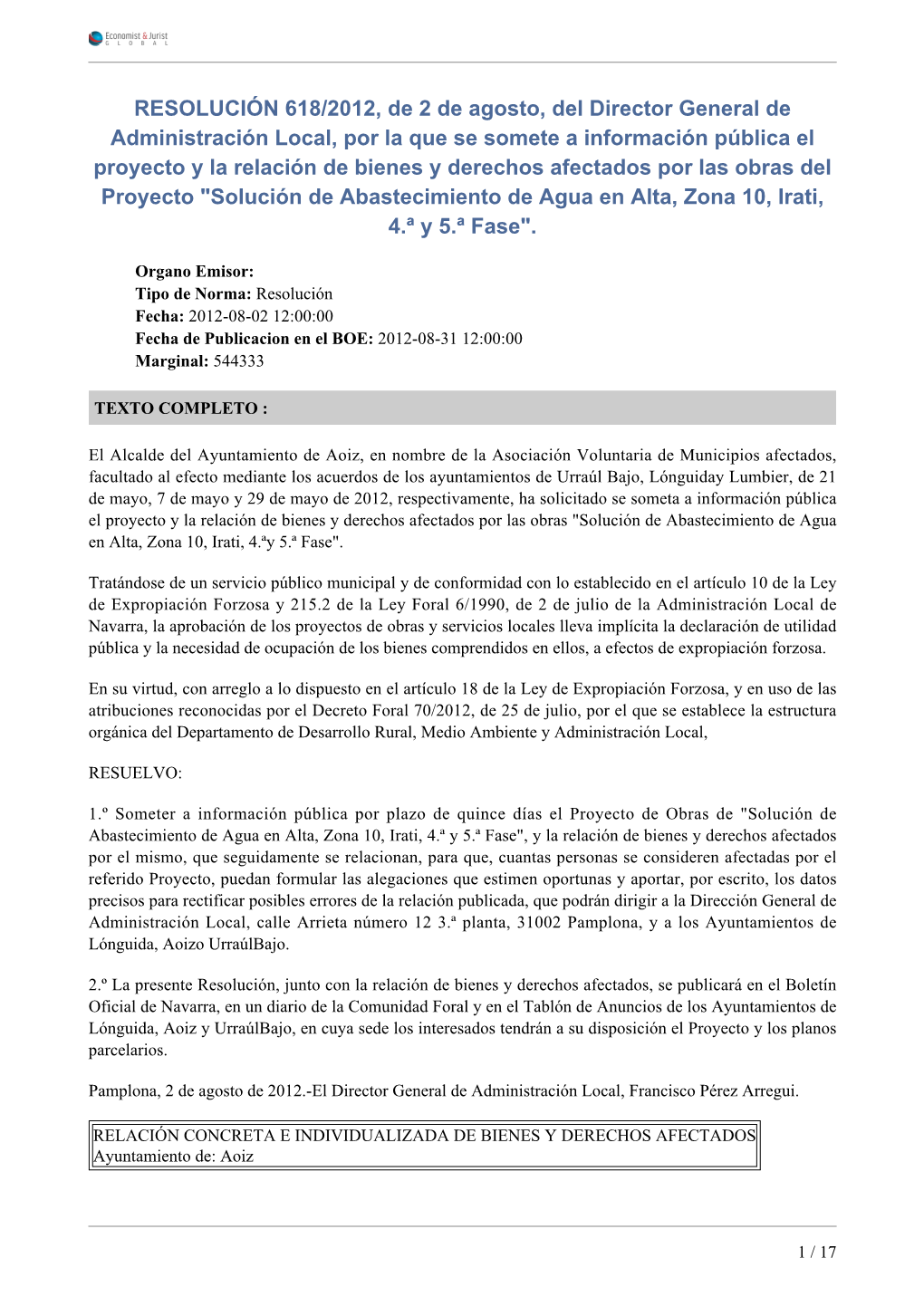 RESOLUCIÓN 618/2012, De 2 De Agosto, Del Director General De