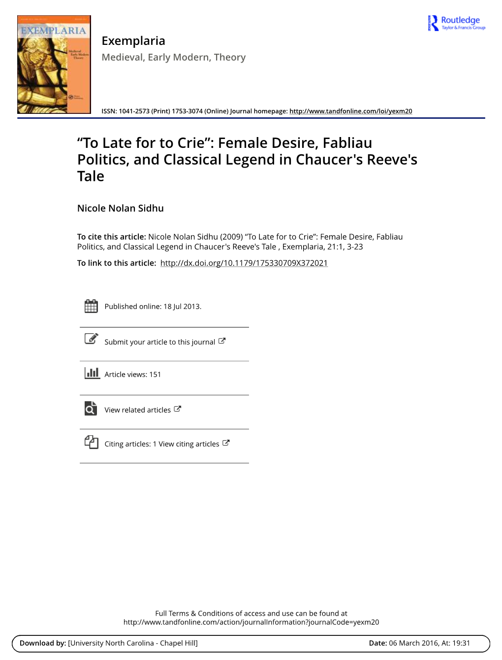 Female Desire, Fabliau Politics, and Classical Legend in Chaucer's Reeve's Tale