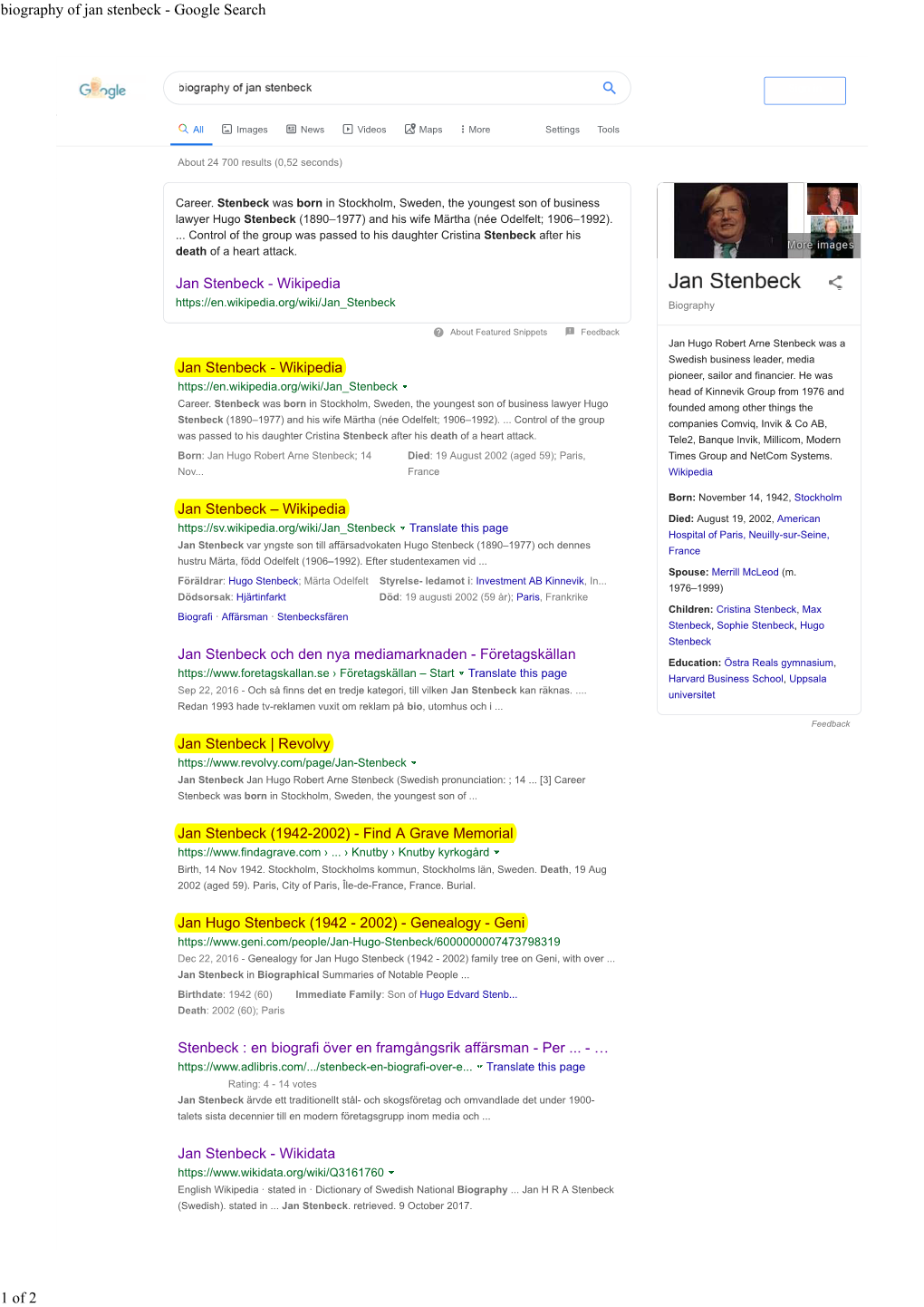 Biography of Jan Stenbeck - Google Search