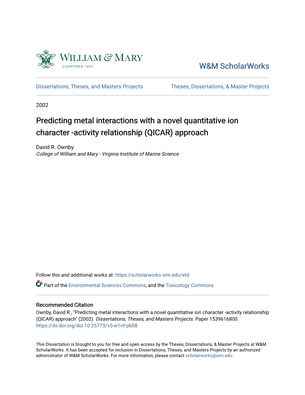 Predicting Metal Interactions with a Novel Quantitative Ion Character -Activity Relationship (QICAR) Approach