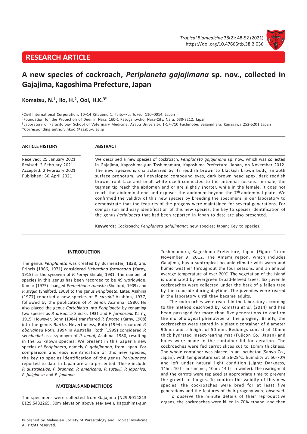 RESEARCH ARTICLE a New Species of Cockroach, Periplaneta